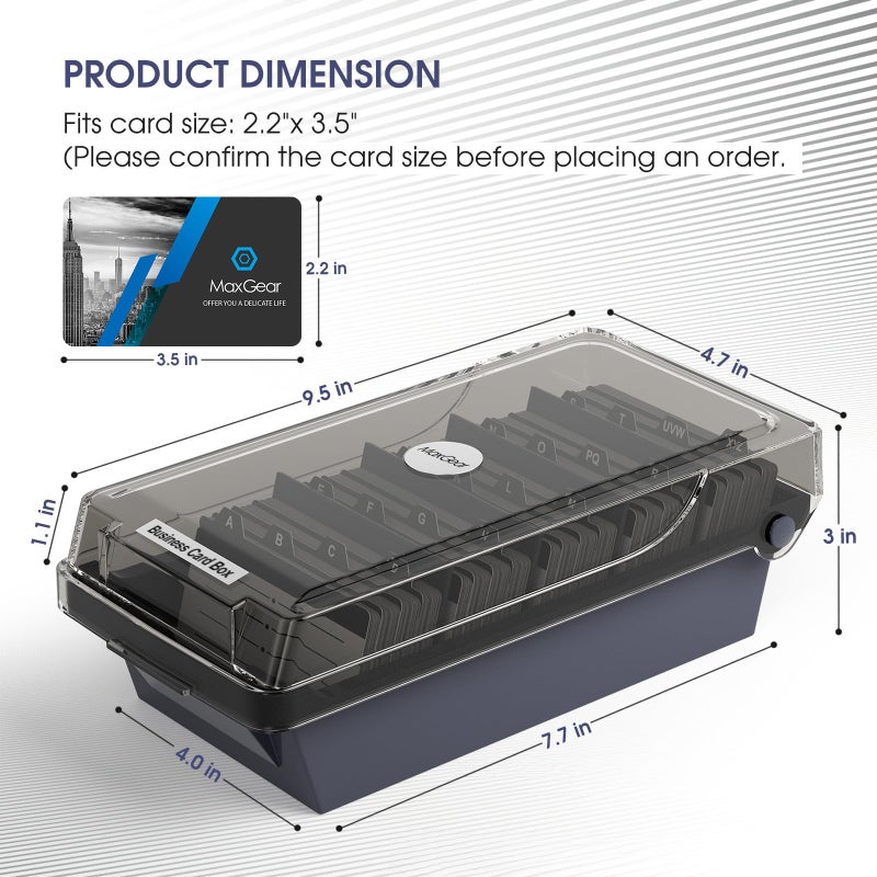 MaxGear Business Card Holder for Desk, Large Plastic Business Card Organizer Box with Lid, Credit Card File Storage Case for Office & Home, Holds 500 3.5â€ x 2.2â€ Cards with A-Z Index Tabs, Gray - Image 5