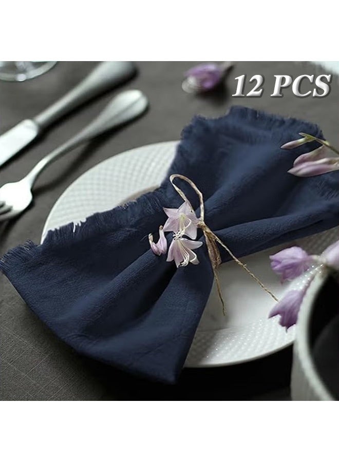 Unewshi 12 Pcs Cotton Linen Napkins 43 * 43cm Wrinkled Dinner Napkins, Washable Rustic Dinner Napkins Cloth, Handmade Fringed Cloth Napkins for Home, Wedding and Parties, Color: Navy Blue - Image 1