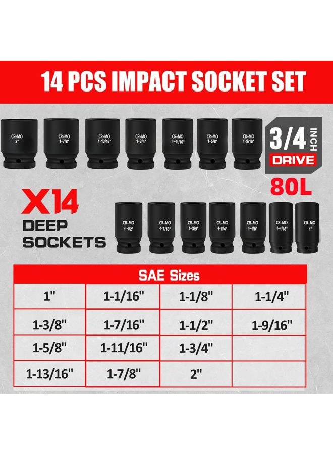 TONYNOL 3/4 Inch Drive Deep Impact Socket Set,6-Point,SAE Sizes(1“-2”),14 PCS,Cr-Mo Steel,Heavy Duty Impact Sockets for Automotive & Industrial Machinery,With a Storage Case - Image 2