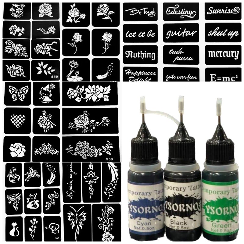 Temporary Ink Tattoo 3 Colors Black - Blue - Green with Filigree Pictures 50 Images