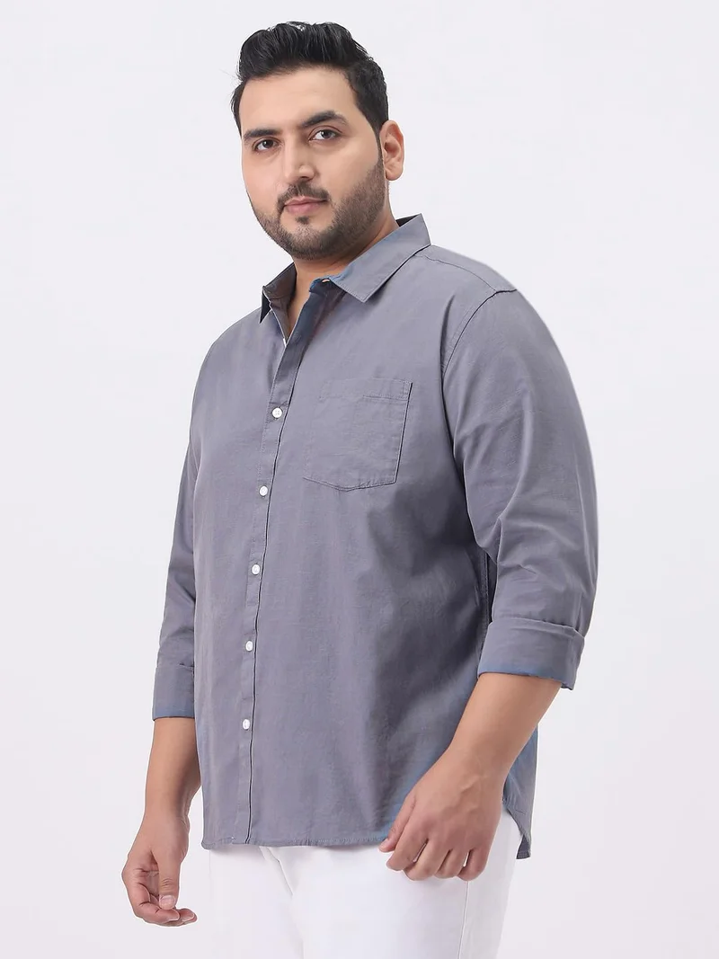 أوربانو فاشن Urbano Plus Men's Grey Cotton Full Sleeve Regular Fit Casual Solid Slub Shirt with Spread Collar