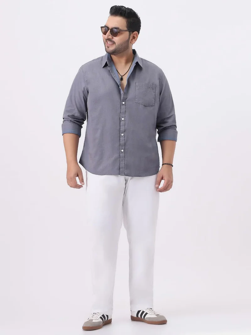 Urbano Fashion  Urbano Plus Men's Grey Cotton Full Sleeve Regular Fit Casual Solid Slub Shirt with Spread Collar  | Best Price UAE