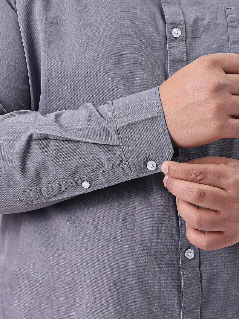 Urbano Fashion  Urbano Plus Men's Grey Cotton Full Sleeve Regular Fit Casual Solid Slub Shirt with Spread Collar  | Best Price UAE