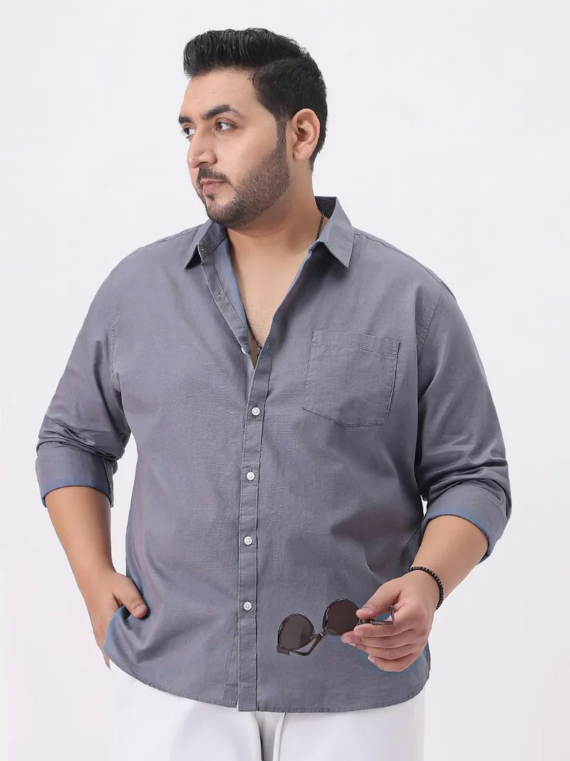 Urbano Plus Men's Grey Cotton Full Sleeve Regular Fit Casual Solid Slub Shirt with Spread Collar