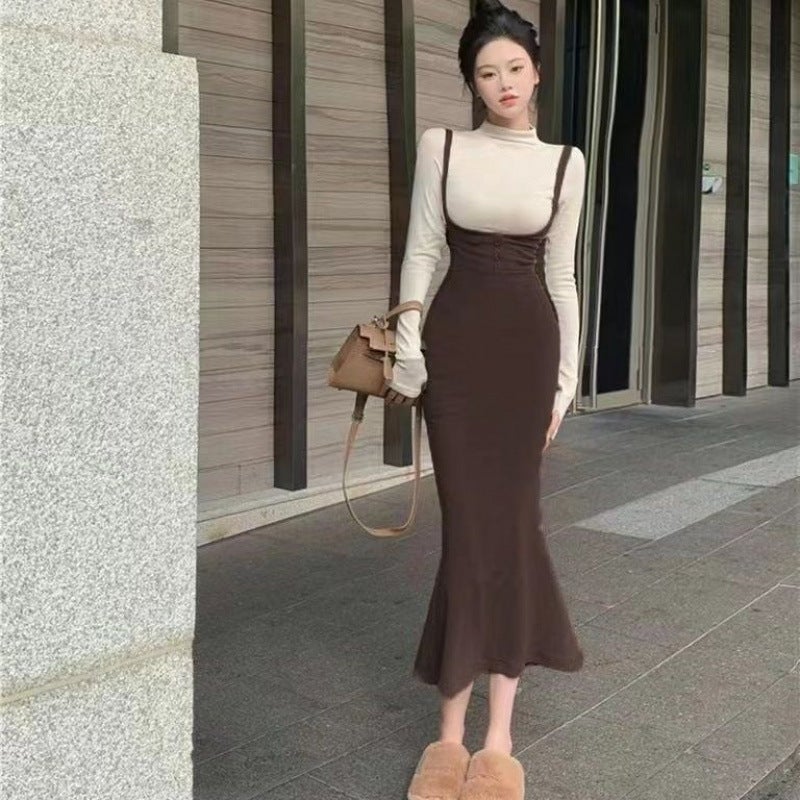 Spicy Girl Hong Kong Style Slim-Fit Hip-Wrap Dress Set 2024 Apricot top + brown skirt
