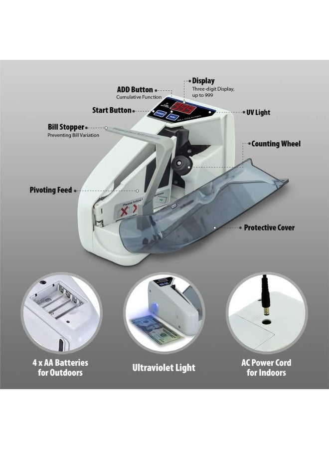 إي وورلد آلة عد النقود المحمولة مع كشف التزوير بالأشعة فوق البنفسجية والمغناطيسية – جهاز عد مدمج لعدد الأوراق فقط، يعمل بالبطاريات – مثالي للأعمال الصغيرة والتعاملات النقدية - Image 4