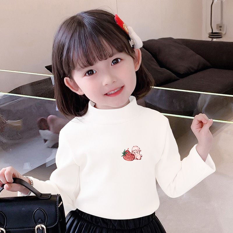 Girls' Semi-High Collar Velvet Casual Long-Sleeved T-Shirt Autumn New Arrival Medium And Large Children'S Wear Cartoon Printed Western Style Girls' Trendy T-Shirt - Image 1