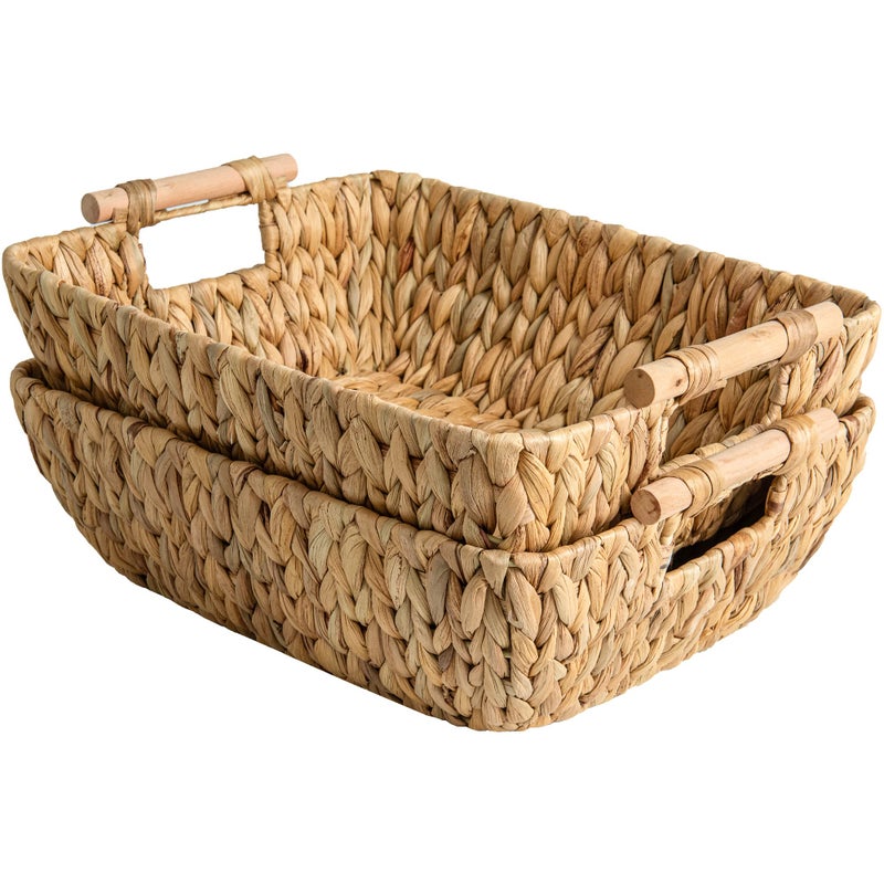 StorageWorks HandWoven Jumbo Storage Baskets with Wooden Handles Water Hyacinth Wicker Baskets for Organizing 2 Pack