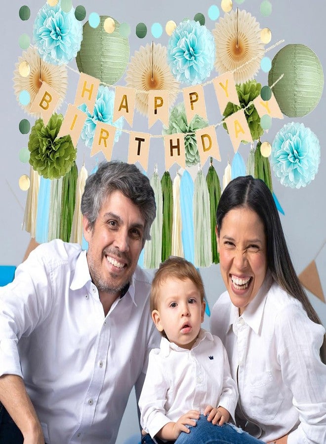FETETIJD Sage Green and Blue Birthday Decorations Boy Olive Sage Green and Light Blue Birthday Decorations Beige Paper Fans Pom Poms Olive Cream Tassel Garland Party with Banner Beige Gold - Image 2