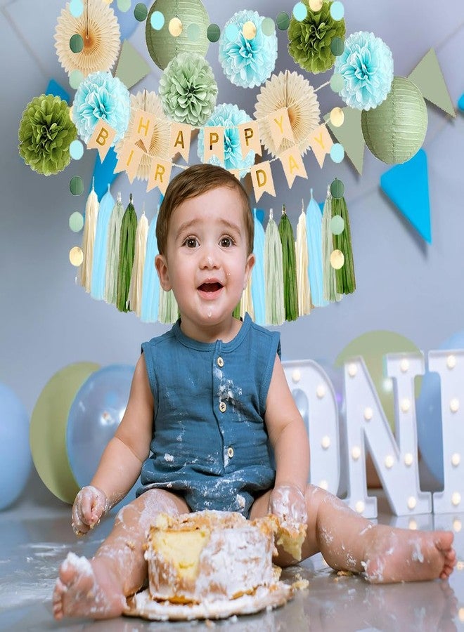 FETETIJD Sage Green and Blue Birthday Decorations Boy Olive Sage Green and Light Blue Birthday Decorations Beige Paper Fans Pom Poms Olive Cream Tassel Garland Party with Banner Beige Gold - Image 3