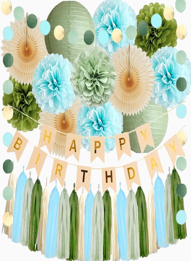 FETETIJD Sage Green and Blue Birthday Decorations Boy Olive Sage Green and Light Blue Birthday Decorations Beige Paper Fans Pom Poms Olive Cream Tassel Garland Party with Banner Beige Gold - Image 1