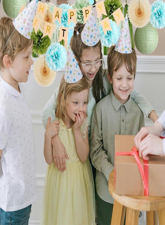 FETETIJD Sage Green and Blue Birthday Decorations Boy Olive Sage Green and Light Blue Birthday Decorations Beige Paper Fans Pom Poms Olive Cream Tassel Garland Party with Banner Beige Gold - Image 4