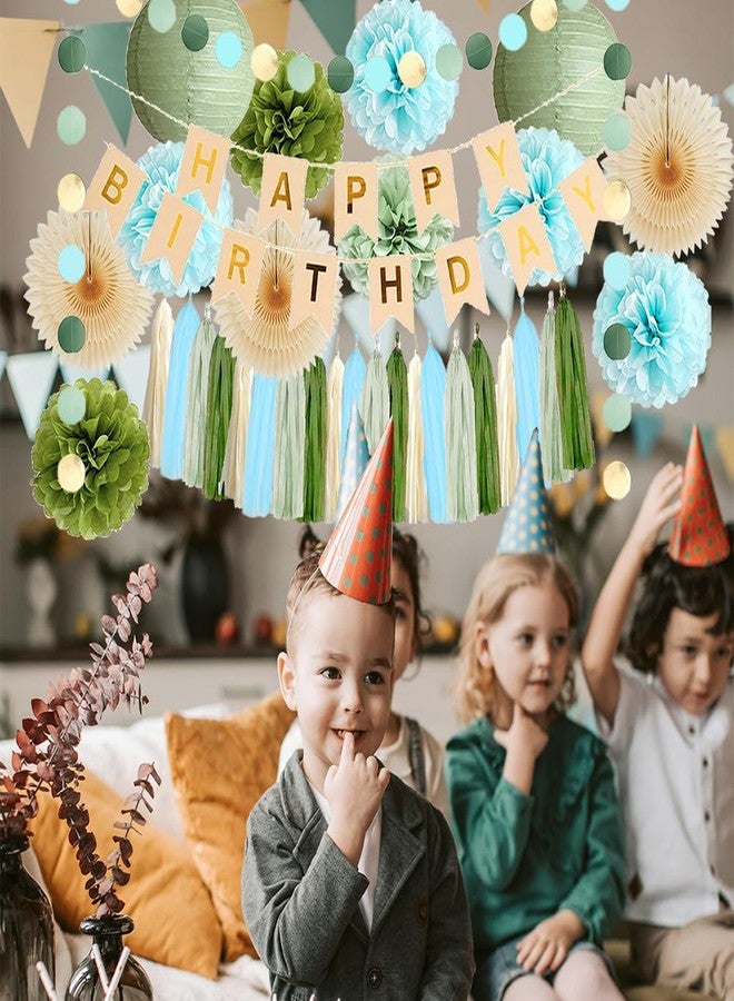 FETETIJD Sage Green and Blue Birthday Decorations Boy Olive Sage Green and Light Blue Birthday Decorations Beige Paper Fans Pom Poms Olive Cream Tassel Garland Party with Banner Beige Gold - Image 5