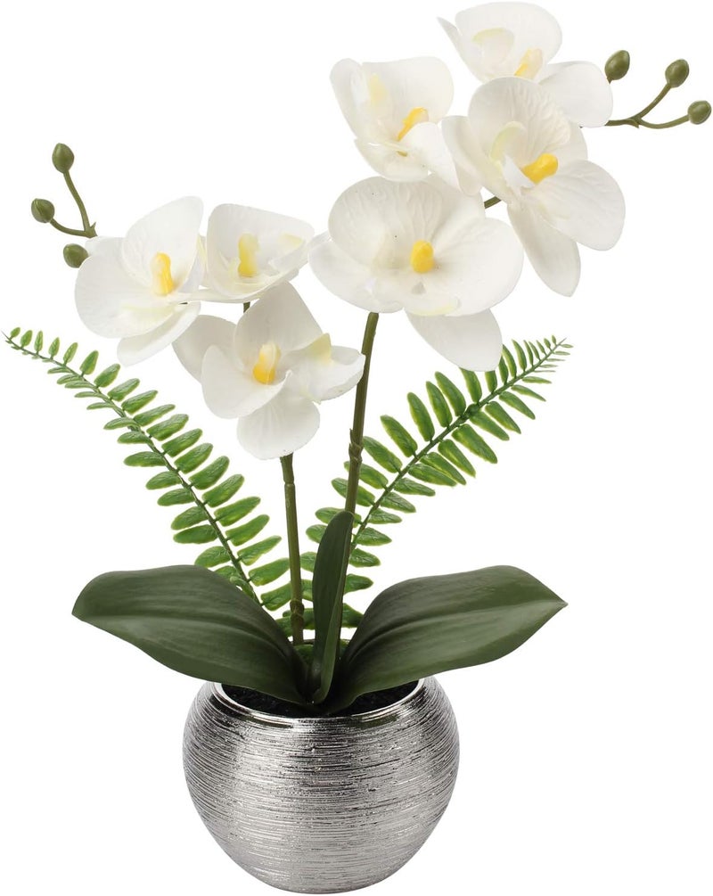 Briful Fake Orchid Flowers 13'' White Orchids Artificial Flowers with Silver Ceramic Vase Faux Orchid for Home Office Decor Indoor - Image 1