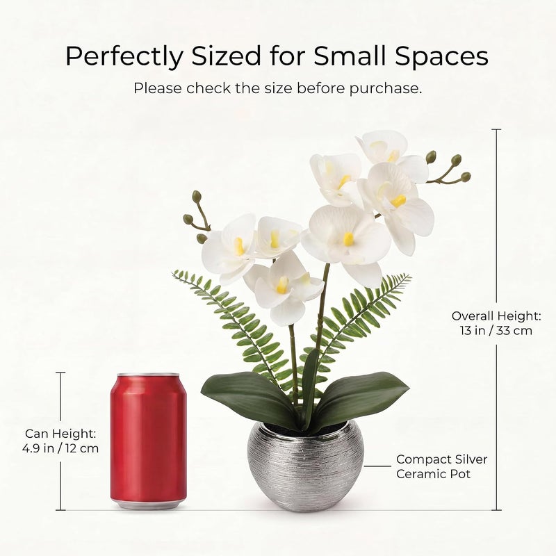 Briful Fake Orchid Flowers 13'' White Orchids Artificial Flowers with Silver Ceramic Vase Faux Orchid for Home Office Decor Indoor - Image 2