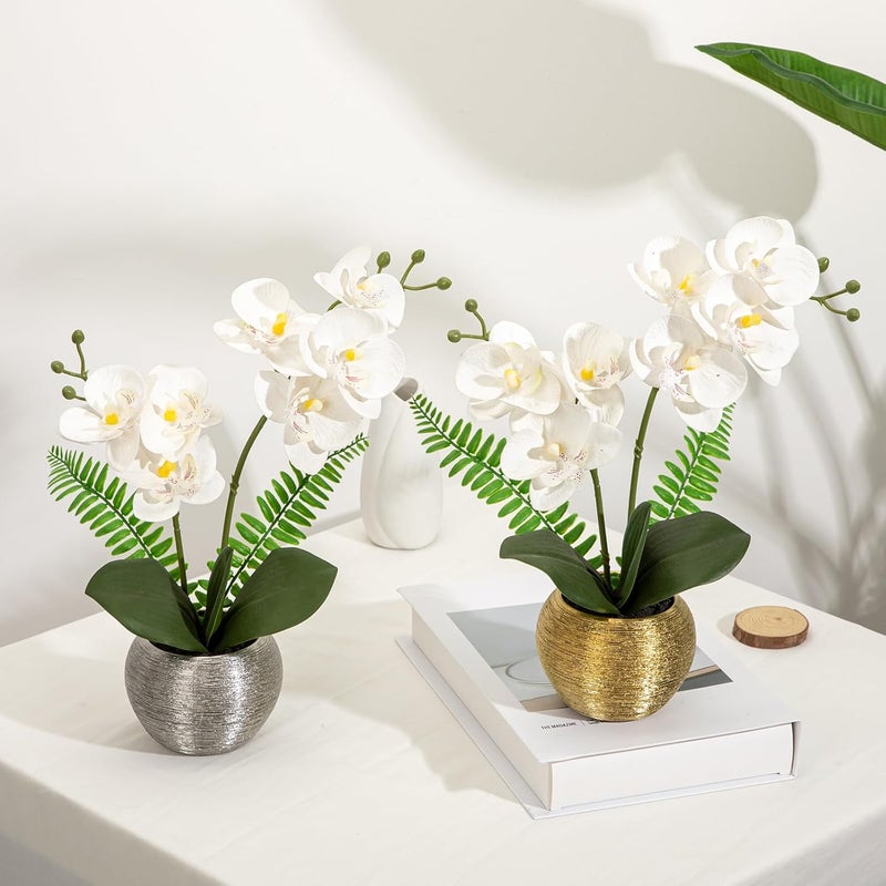 Briful Fake Orchid Flowers 13'' White Orchids Artificial Flowers with Silver Ceramic Vase Faux Orchid for Home Office Decor Indoor - Image 5
