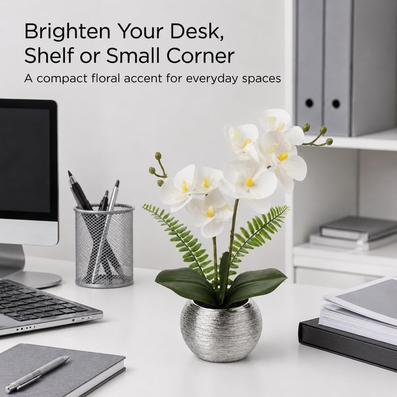 Briful Fake Orchid Flowers 13'' White Orchids Artificial Flowers with Silver Ceramic Vase Faux Orchid for Home Office Decor Indoor - Image 3