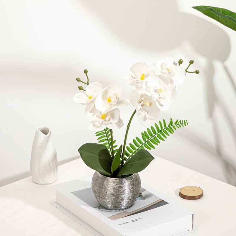Briful Fake Orchid Flowers 13'' White Orchids Artificial Flowers with Silver Ceramic Vase Faux Orchid for Home Office Decor Indoor - Image 4