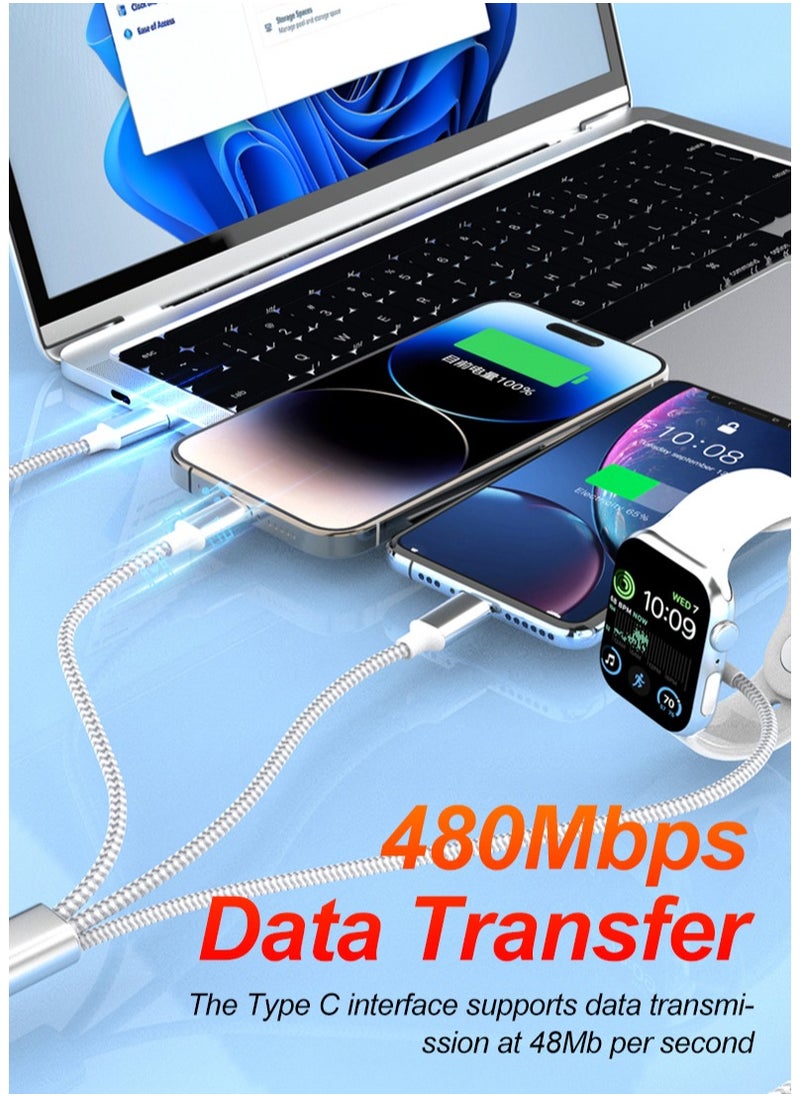 SMART SOURCE - 60W 3-in-1 USB-C Braided Charging Cable | USB-C to USB-C, USB-C to Lightning, Smart Watch Wireless Charging | Fast Charging Cable, Compatible with Apple Watch, iPhone, iPad, Samsung, MacBook,【1.8M】 - Image 1