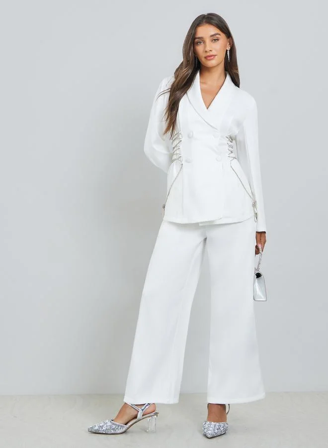 Styli White Wide Leg Trousers with Chain Link Detail