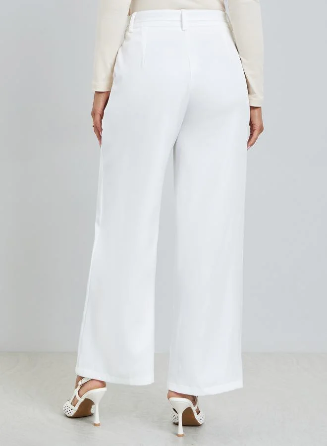 Styli  White Wide Leg Trousers with Chain Link Detail for Women | Best Price UAE