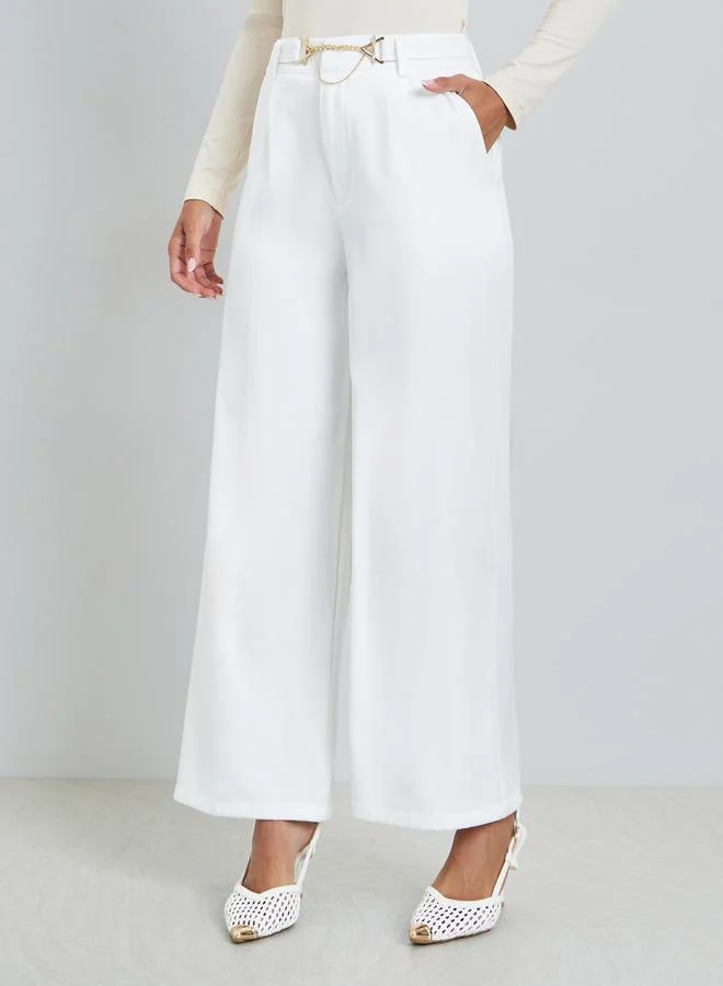 Styli White Wide Leg Trousers with Chain Link Detail