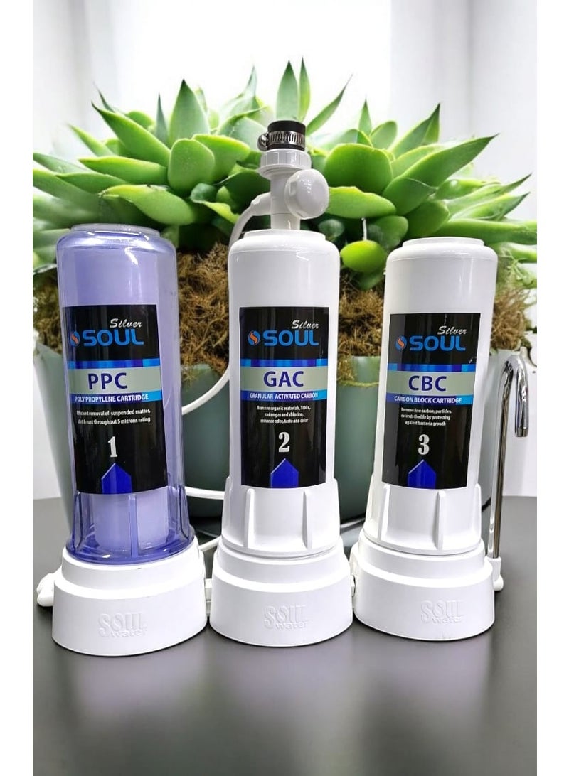 سول ووتر فلتر 3 مراحل  بجودة عالية  لازالة جميع انواع الشوائب والفقاعات البيضاء والرواسب والكلور وتحسين الطعم
