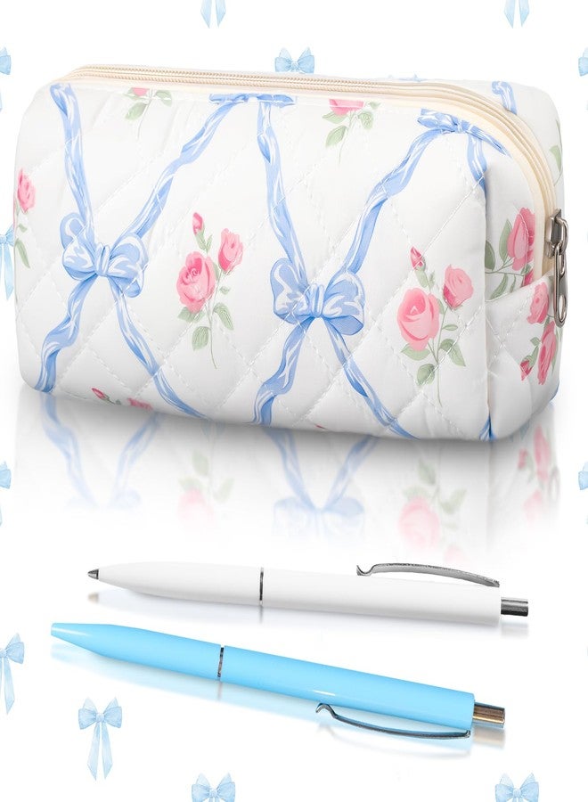 Sherr Coquette Bow Pencil Case Blue Floral Bow Cute Pencil Pouch Soft Cotton Storage Bag Aesthetic Pattern Gift Makeup Pouch Cosmetic Bag for Women Adults - Image 1