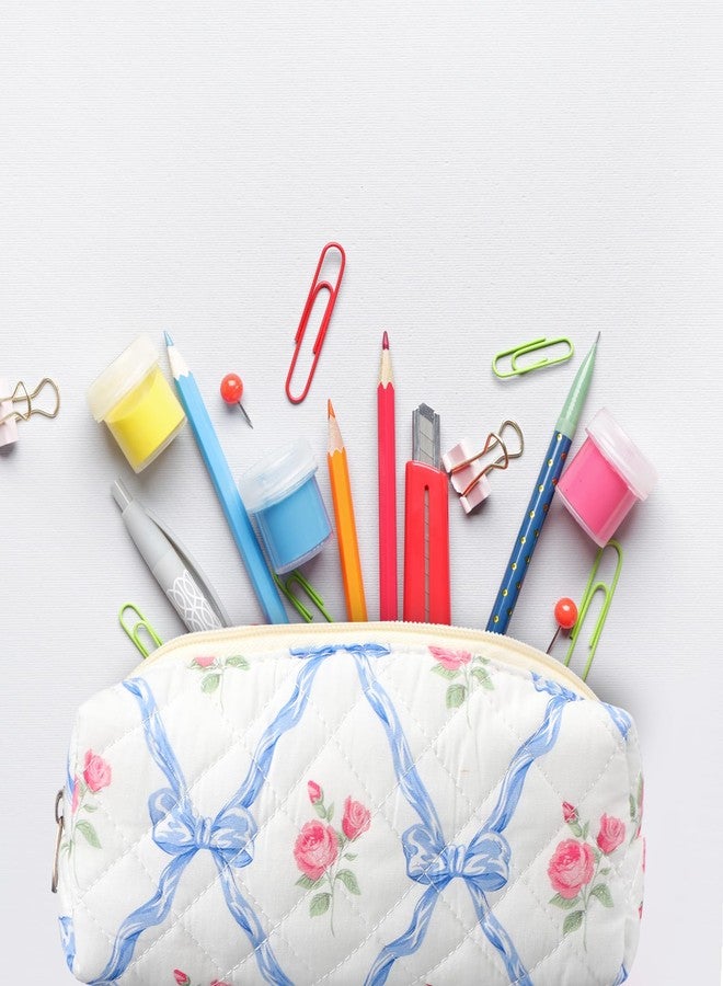Sherr Coquette Bow Pencil Case Blue Floral Bow Cute Pencil Pouch Soft Cotton Storage Bag Aesthetic Pattern Gift Makeup Pouch Cosmetic Bag for Women Adults - Image 5
