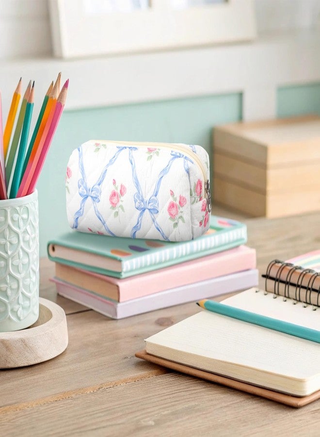 Sherr Coquette Bow Pencil Case Blue Floral Bow Cute Pencil Pouch Soft Cotton Storage Bag Aesthetic Pattern Gift Makeup Pouch Cosmetic Bag for Women Adults - Image 4