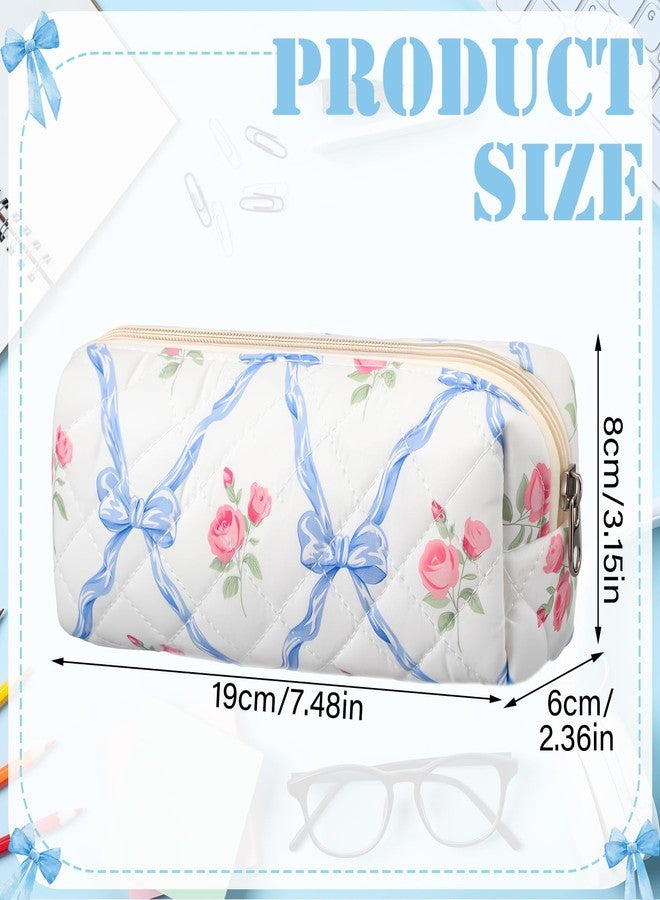 Sherr Coquette Bow Pencil Case Blue Floral Bow Cute Pencil Pouch Soft Cotton Storage Bag Aesthetic Pattern Gift Makeup Pouch Cosmetic Bag for Women Adults - Image 2