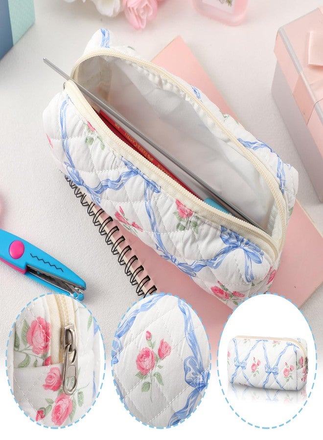 Sherr Coquette Bow Pencil Case Blue Floral Bow Cute Pencil Pouch Soft Cotton Storage Bag Aesthetic Pattern Gift Makeup Pouch Cosmetic Bag for Women Adults - Image 3