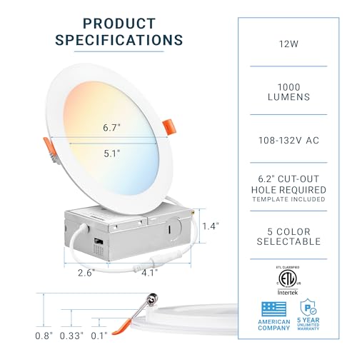 Parmida LED Technologies PARMIDA (16 Pack) 6 Inch Dimmable 5CCT Ultra-Thin LED Recessed Ceiling Light with Junction Box, 5 Color Selectable 2700K/3000K/3500K/4000K/5000K, 12W, Canless Wafer Slim Panel Downlight, IC Rated, ETL - Image 3