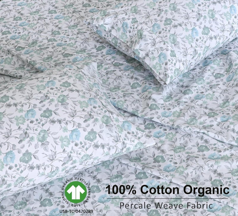 Ruvanti 100% Organic Cotton Sheets Full Size, Percale Weave, GOTS Certified, 4-Piece Set, Deep Pocket 15", Crisp & Breathable, Soft Durable Bedding, Sábanas Algodón Orgánico – Cold Chrysanthemum - Image 3
