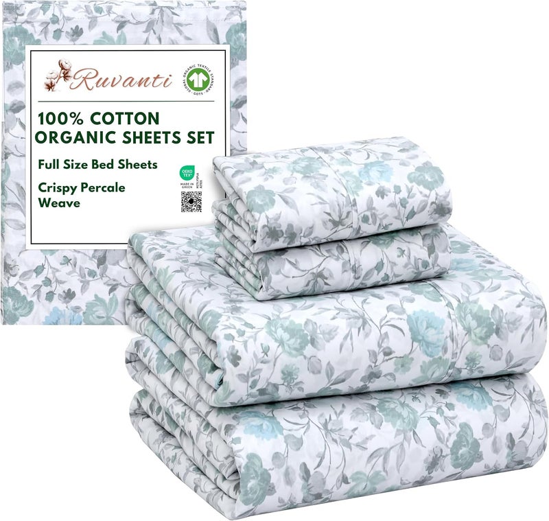 Ruvanti 100% Organic Cotton Sheets Full Size, Percale Weave, GOTS Certified, 4-Piece Set, Deep Pocket 15", Crisp & Breathable, Soft Durable Bedding, Sábanas Algodón Orgánico – Cold Chrysanthemum - Image 1