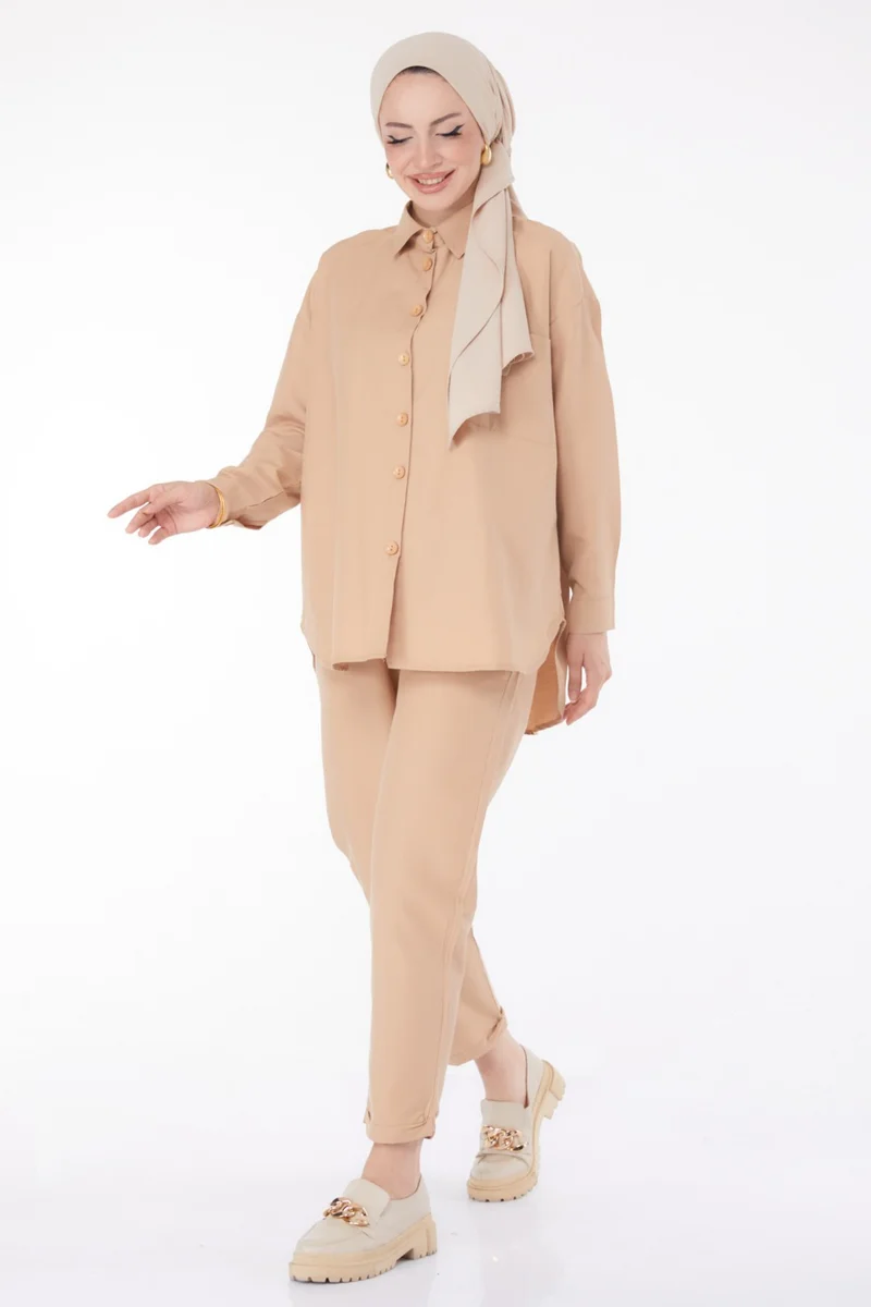 Tofisa Plain Shirt Collar Women's Mink Tunic Trousers - 10563