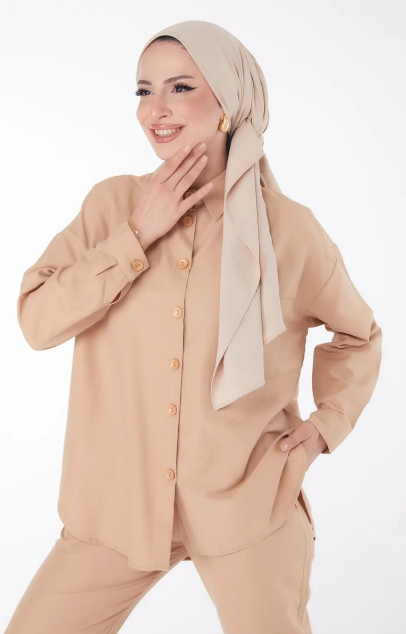 Tofisa Plain Shirt Collar Women's Mink Tunic Trousers - 10563