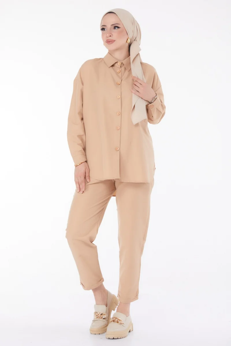 Tofisa Plain Shirt Collar Women's Mink Tunic Trousers - 10563