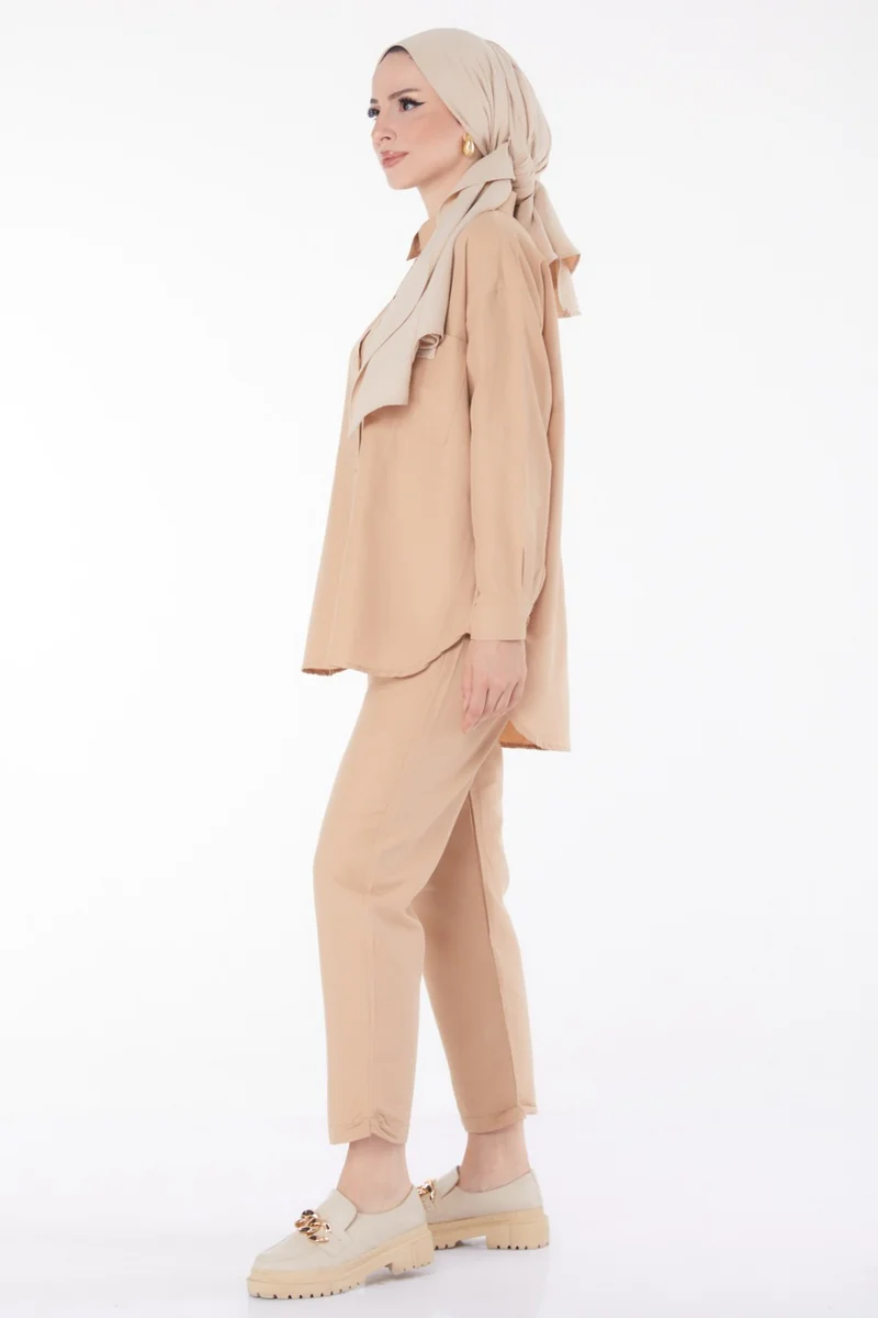 Tofisa Plain Shirt Collar Women's Mink Tunic Trousers - 10563