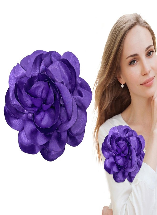 COAUXOG 7.5in Extra Large Rose Brooch Exquisite Shiny Satin Camellia Brooch Oversized Flower Brooch Lapel Pin,Suitable For Women Dance Banquet Wedding Hair Clothing Accessories (Purple) - Image 1