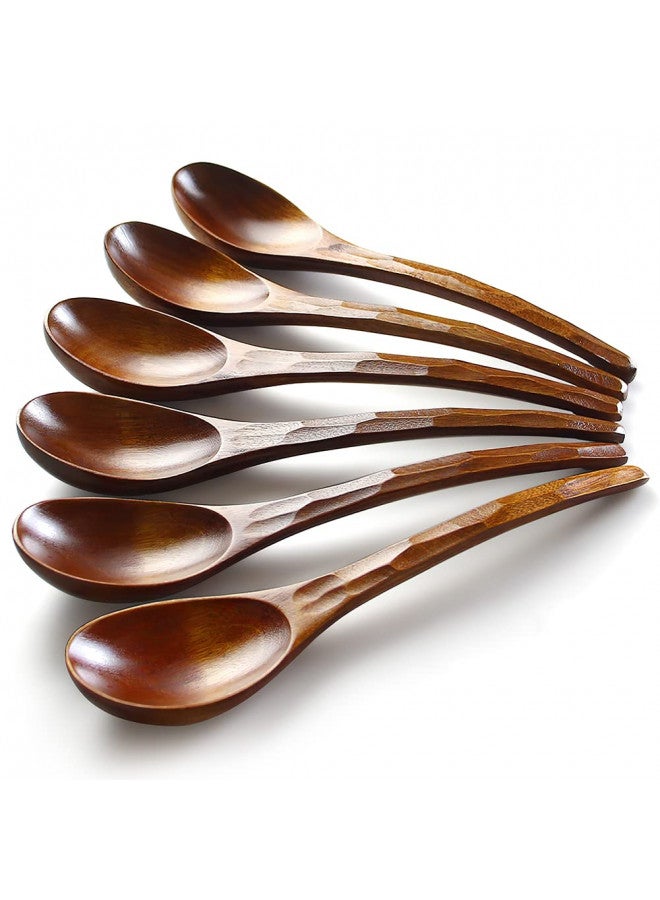 AOOSY Soup Spoons,AOOSY Wooden Soup Spoons, 6 Pieces 7.84 inches Japanese Ramen Spoons Round Nanmu Wood Long Handle Rice Dessert Cooking Tasting Dinner Table Spoon for Kitchen Restaurant - Image 1