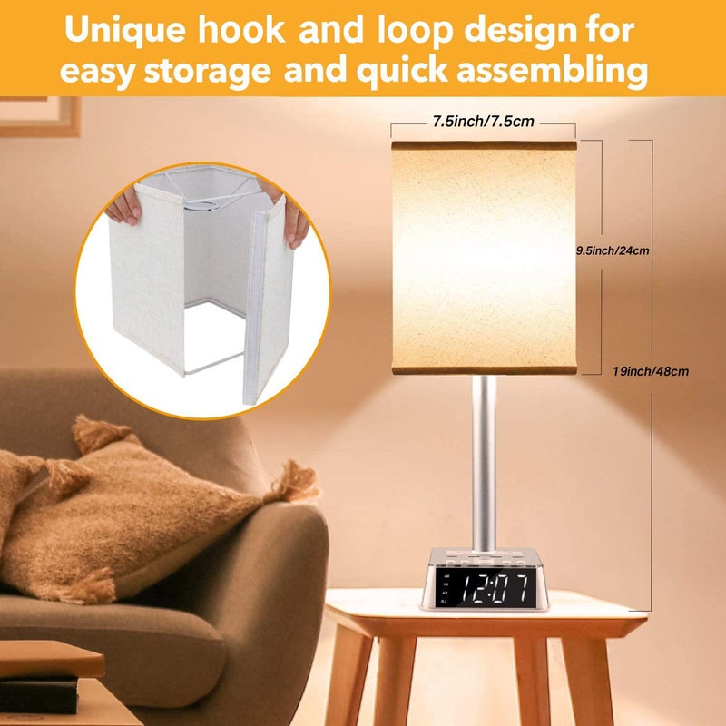 Yostyle Table Lamp Bedside Lamp with 4 USB Ports and AC Power Outlets, Alarm Clock Base w/ 5Ft Extension Cord, Square Oatmeal Fabric Lampshade Modern Accent Nightstand Lamps for Bedrooms Living Room - Image 3