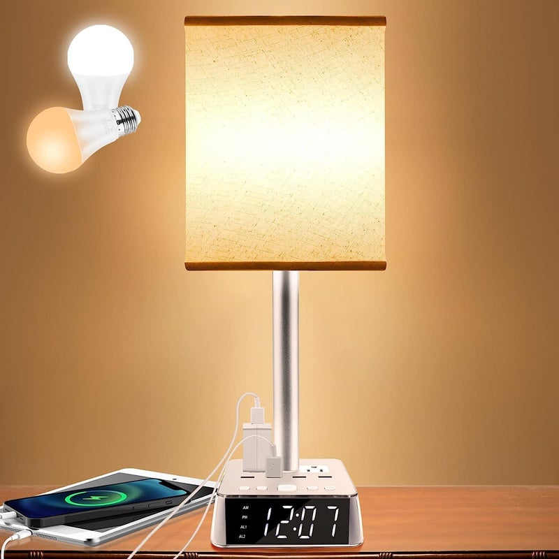 Yostyle Table Lamp Bedside Lamp with 4 USB Ports and AC Power Outlets, Alarm Clock Base w/ 5Ft Extension Cord, Square Oatmeal Fabric Lampshade Modern Accent Nightstand Lamps for Bedrooms Living Room - Image 1