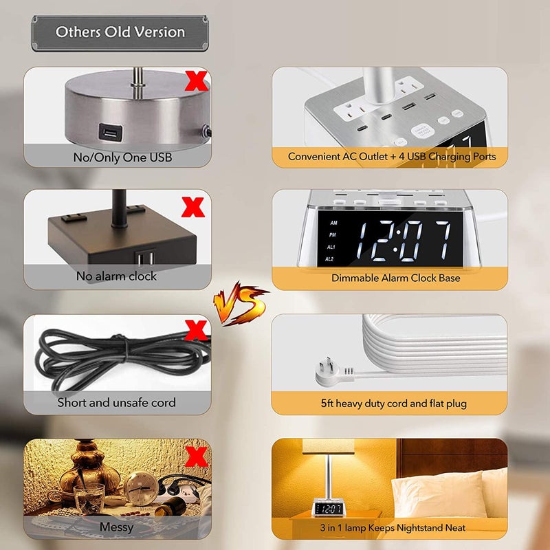 Yostyle Table Lamp Bedside Lamp with 4 USB Ports and AC Power Outlets, Alarm Clock Base w/ 5Ft Extension Cord, Square Oatmeal Fabric Lampshade Modern Accent Nightstand Lamps for Bedrooms Living Room - Image 4