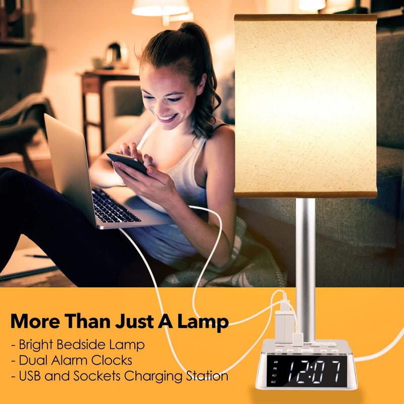 Yostyle Table Lamp Bedside Lamp with 4 USB Ports and AC Power Outlets, Alarm Clock Base w/ 5Ft Extension Cord, Square Oatmeal Fabric Lampshade Modern Accent Nightstand Lamps for Bedrooms Living Room - Image 2