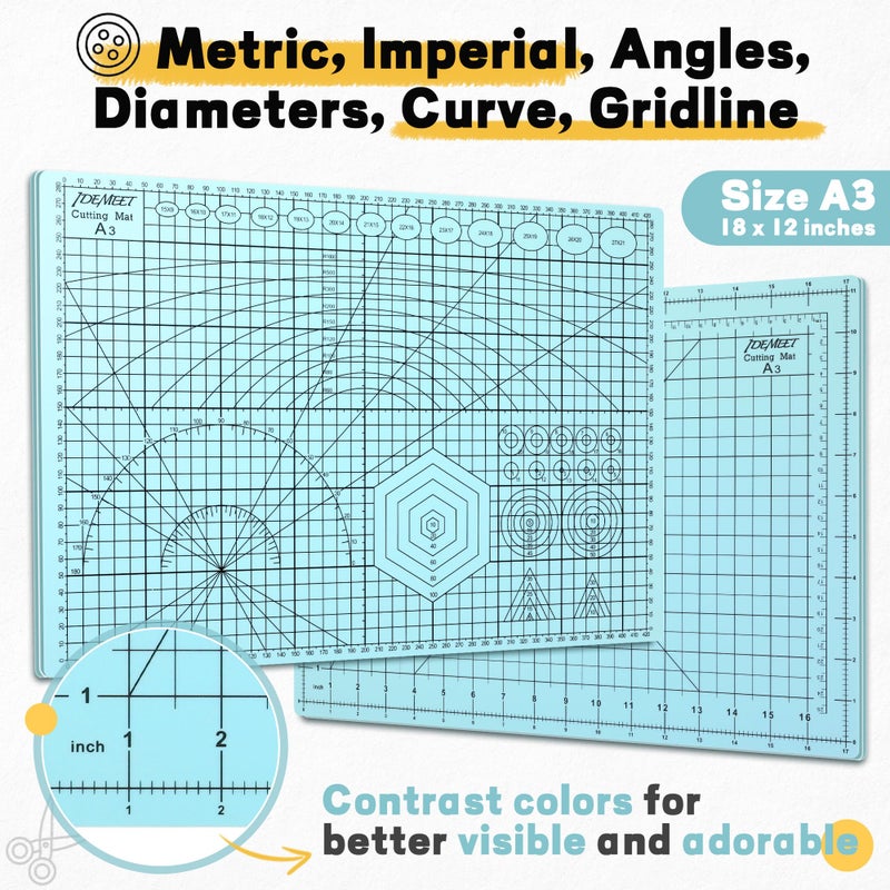 Idemeet Premium Idemeet Self Healing Cutting Mat 18'' x 12'', A3 Non-slip Sewing Mat for Quilting, 5-Ply Rotary Cutting Board Double-Sided for Crafts Cutting Fabric Scrapbooking Modeling Projects, Aqua Blue - Image 2