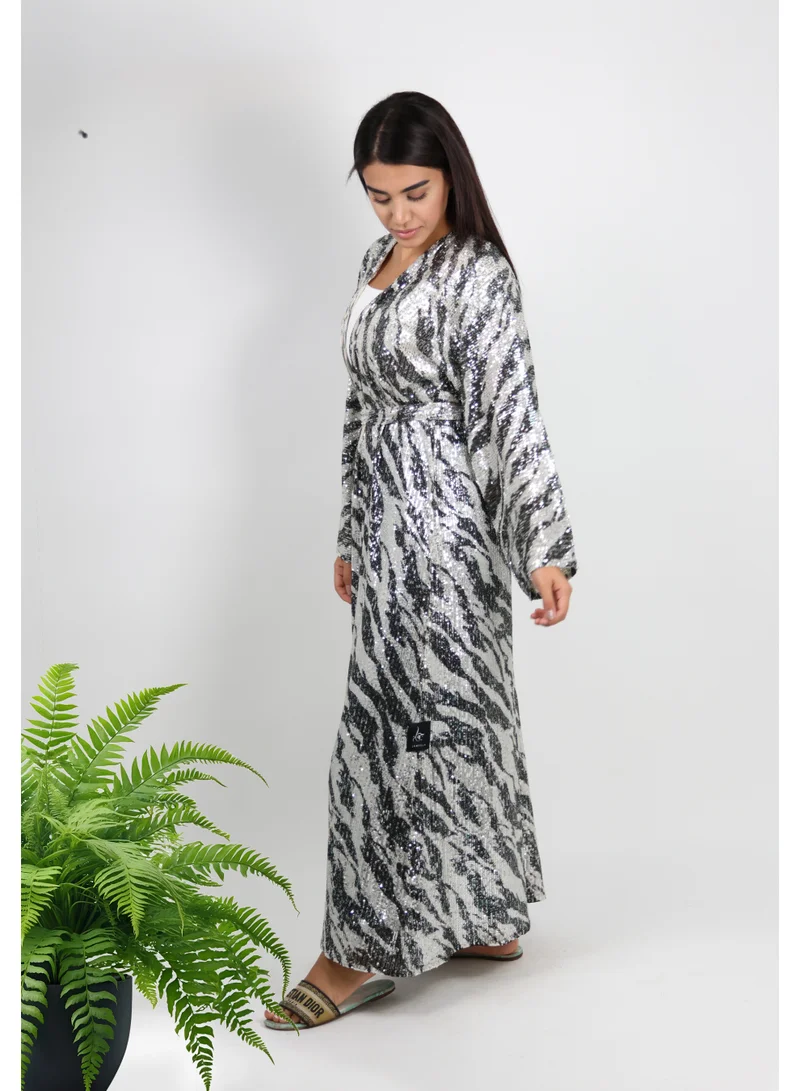 JAMEELA White Modest Abaya with Bold Zebra Print