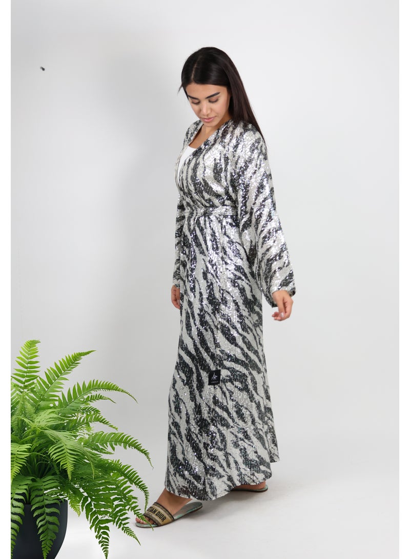 JAMEELA White Modest Abaya with Bold Zebra Print - Image 2