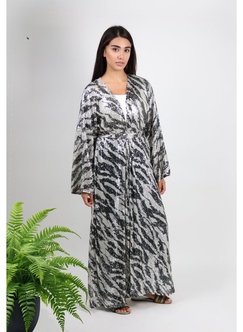 JAMEELA White Modest Abaya with Bold Zebra Print - Image 1