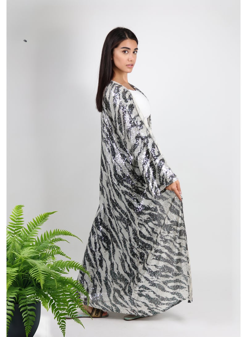 JAMEELA White Modest Abaya with Bold Zebra Print - Image 3